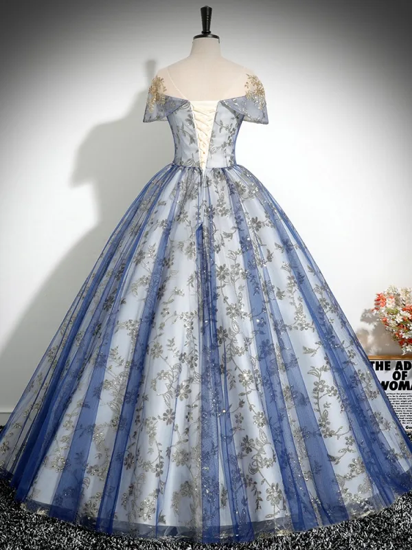 Vintage / Retro Sky Blue Beading Sequins Lace Flower Prom Dresses 2024 Ball Gown Scoop Neck Short Sleeve Backless Floor-Length / Long Prom Formal Dresses
