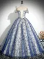 Vintage / Retro Sky Blue Beading Sequins Lace Flower Prom Dresses 2024 Ball Gown Scoop Neck Short Sleeve Backless Floor-Length / Long Prom Formal Dresses