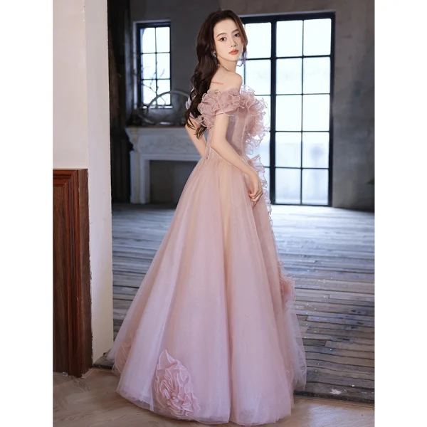 Chic / Beautiful Blushing Pink Beading Ruffle Prom Dresses 2022 A-Line / Princess Off-The-Shoulder Short Sleeve Backless Floor-Length / Long Formal Dresses