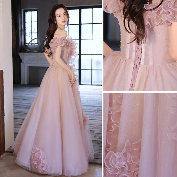 Chic / Beautiful Blushing Pink Beading Ruffle Prom Dresses 2022 A-Line / Princess Off-The-Shoulder Short Sleeve Backless Floor-Length / Long Formal Dresses