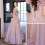Chic / Beautiful Blushing Pink Beading Ruffle Prom Dresses 2022 A-Line / Princess Off-The-Shoulder Short Sleeve Backless Floor-Length / Long Formal Dresses