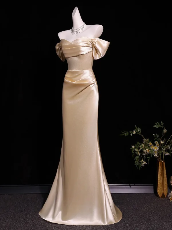 Sexy Evening Dresses Champagne 2026 Trumpet / Mermaid Off-The-Shoulder Short Sleeve Backless Floor-Length / Long Formal Dresses