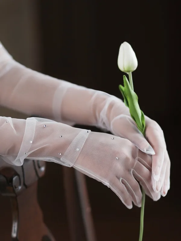 Élégant Blanche Fait main Faux Diamant Mariage Gants Mariage 2025 Tulle