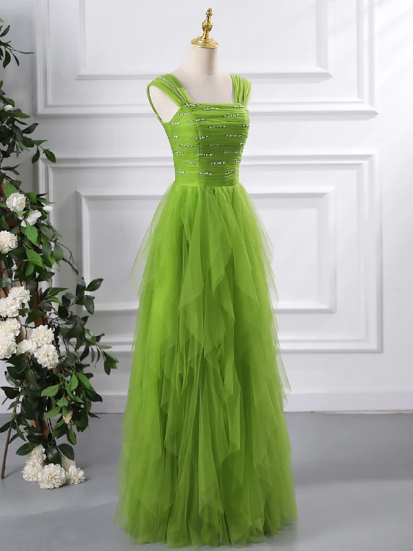 Chic / Beautiful Green Cascading Ruffles Prom Dresses 2024 A-Line / Princess Square Neckline Sleeveless Backless Floor-Length / Long Prom Formal Dresses