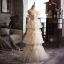 Charming Champagne Appliques Cascading Ruffles Wedding Dresses 2025 A-Line / Princess Strapless Sleeveless Backless Floor-Length / Long
