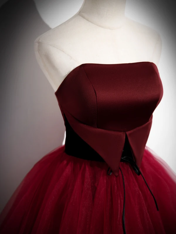 Chic / Beautiful Burgundy Prom Dresses 2023 A-Line / Princess Strapless Sleeveless Backless Bow Sash Floor-Length / Long Prom Formal Dresses