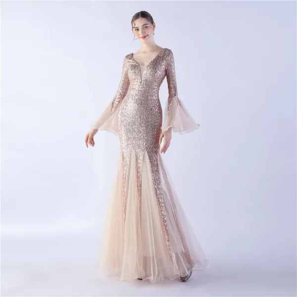 Sparkly Black Sequins Evening Dresses 2024 Trumpet / Mermaid V-Neck Bell sleeves Backless Floor-Length / Long Evening Party Formal Dresses