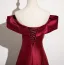 Minimalist Burgundy Satin Prom Dresses 2025 A-Line / Princess Off-The-Shoulder Short Sleeve Backless Floor-Length / Long Prom Formal Dresses