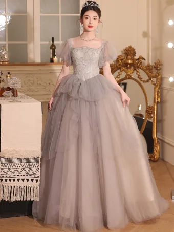 Charming Grey Beading Sequins Cascading Ruffles Prom Dresses 2024 Ball Gown Off The Shoulder Short Sleeve Backless Floor Length Long Prom Formal Dresses
