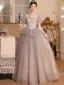 Charming Grey Beading Sequins Cascading Ruffles Prom Dresses 2024 Ball Gown Off-The-Shoulder Short Sleeve Backless Floor-Length / Long Prom Formal Dresses