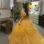 Medieval Yellow Cascading Ruffles Cosplay Prom Dresses 2025 Ball Gown Off-The-Shoulder Short Sleeve Backless Floor-Length / Long Prom Formal Dresses