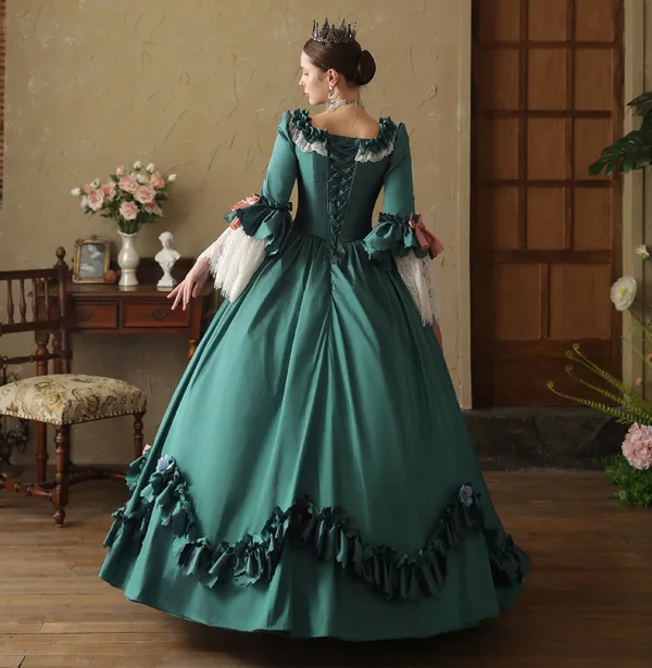 Couture Medieval Vintage / Retro Gothic Dark Green Appliques Lace Flower Bow Prom Dresses 2024 Ball Gown Square Neckline Bell sleeves Floor-Length / Long