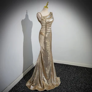 Scintillantes Doré Paillettes Robe De Soirée 2023 Trompette Sirène Une Épaule Sans Manches Dos Nu Longue Soirée Robe De Ceremonie