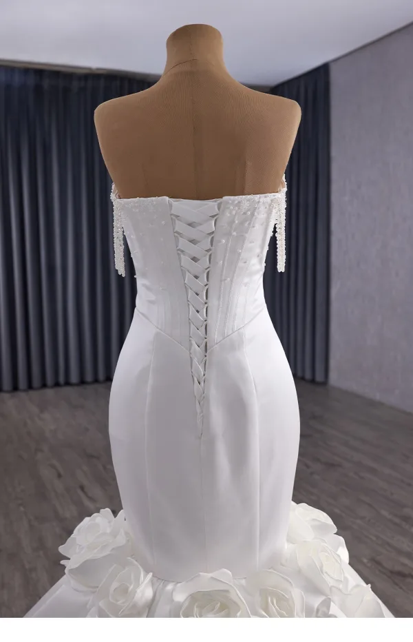 Haut de Gamme Blanche Fait main Appliques Perlage Perle Faux Diamant Corset  Robe De Mariée 2025 Trompette / Sirène Bustier Sans Manches Dos Nu Chapel Train
