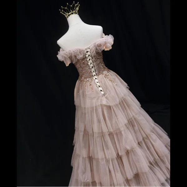 Charming Champagne Beading Sequins Evening Dresses 2022 A-Line / Princess Ruffle Off-The-Shoulder Sleeveless Backless Floor-Length / Long Formal Dresses