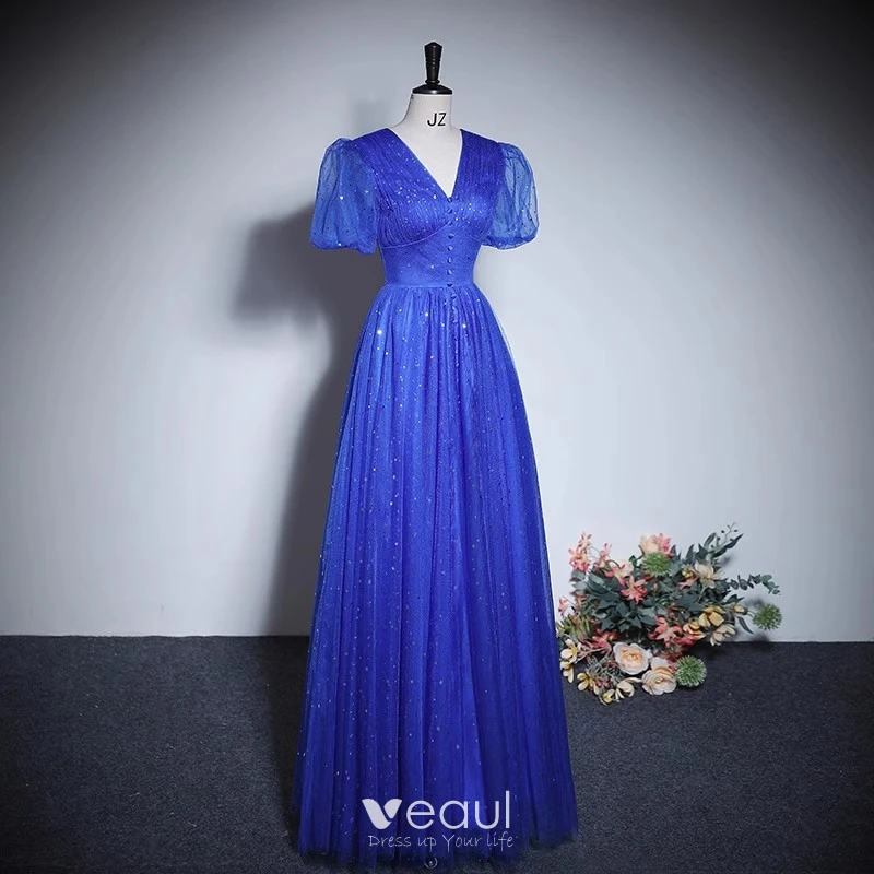 2023 Royal Blue Sequin Short Prom Dress With Feather, V Neck Sheah