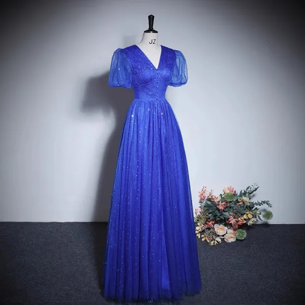 Vintage / Originale Bleu Roi Paillettes Robe De Bal 2023 Princesse V-Cou Manches Courtes Dos Nu Longue Promo Robe De Ceremonie