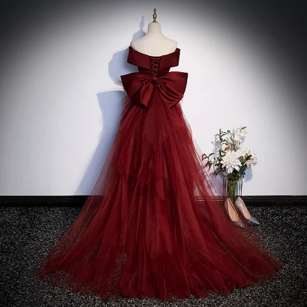 Illusion Burgundy Evening Dresses 2023 Trumpet / Mermaid Off-The-Shoulder Sleeveless Backless Bow Floor-Length / Long Evening Party Formal Dresses