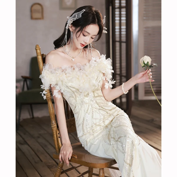 Charmant Beige Perlage Paillettes Appliques Robe De Bal 2023 Trompette / Sirène De l'épaule Manches Courtes Dos Nu Noeud Longue Promo Robe De Ceremonie