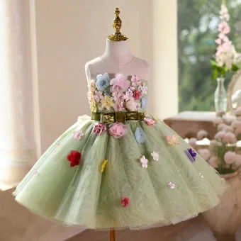 Flower Fairy Sage Green Appliques Short Birthday Flower Girl Dresses 2025 Ball Gown Scoop Neck Sleeveless Backless Bow Sash Tulle
