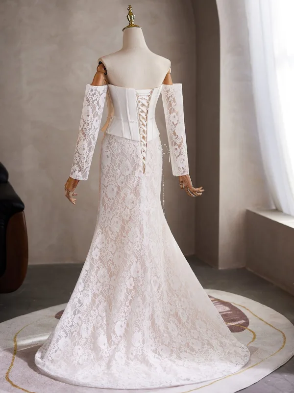 Élégant Blanche Perle En Dentelle Fleur Robe De Mariée 2026 Trompette / Sirène De l'épaule Manches Longues Dos Nu Train De Balayage