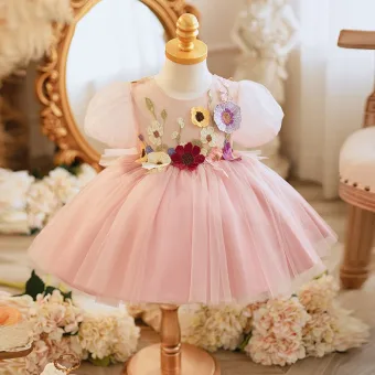 Chic Belle Rougissant Rose Courte En Dentelle Fleur Noeud Anniversaire Robe Ceremonie Fille 2024 Robe Boule Encolure Dégagée Manches Courtes Tulle
