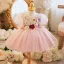 Chic / Beautiful Blushing Pink Short Lace Flower Bow Birthday Flower Girl Dresses 2024 Ball Gown Scoop Neck Short Sleeve Tulle