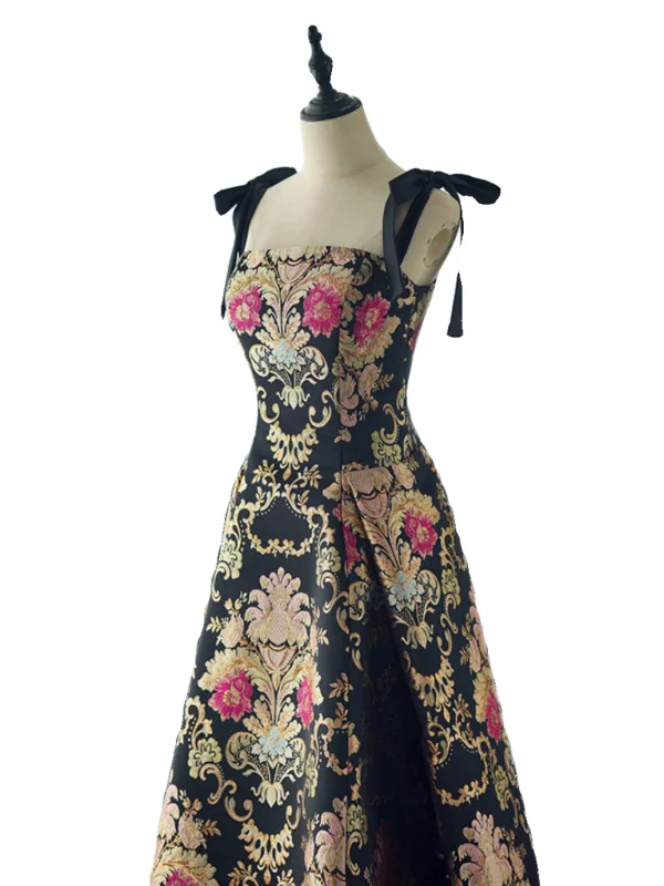 Vintage / Retro Black Printing Prom Dresses 2024 A-Line / Princess Spaghetti Straps Sleeveless Backless Floor-Length / Long Prom Formal Dresses