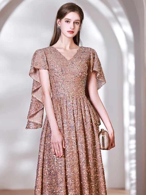 Sparkly Gold Sequins Evening Dresses 2023 A-Line / Princess V-Neck Short Sleeve Floor-Length / Long Evening Party Formal Dresses