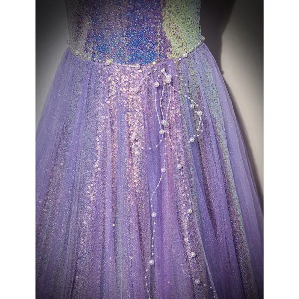 Sparkly Lavender Beading Pearl Sequins Evening Dresses 2022 A-Line / Princess Strapless Sleeveless Backless Floor-Length / Long Evening Party Formal Dresses