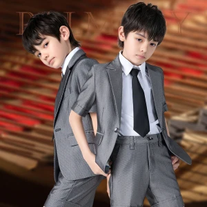 Grey Summer 4 Piece Short Sleeve Boys Wedding Suits 2022 Coat Pants Shirt Tie Wedding