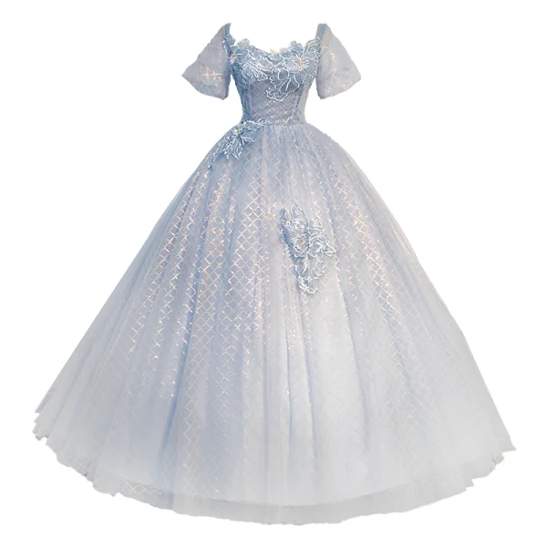 Elegant Sky Blue Beading Sequins Lace Flower Prom Dresses 2023 Ball Gown Square Neckline Bell sleeves Backless Floor-Length / Long Prom Formal Dresses
