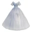 Elegant Sky Blue Beading Sequins Lace Flower Prom Dresses 2023 Ball Gown Square Neckline Bell sleeves Backless Floor-Length / Long Prom Formal Dresses
