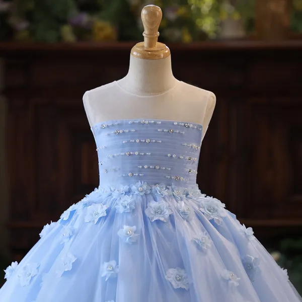 Chic / Beautiful Sky Blue Pearl Appliques Birthday Flower Girl Dresses 2025 Ball Gown Scoop Neck Sleeveless Backless Floor-Length / Long