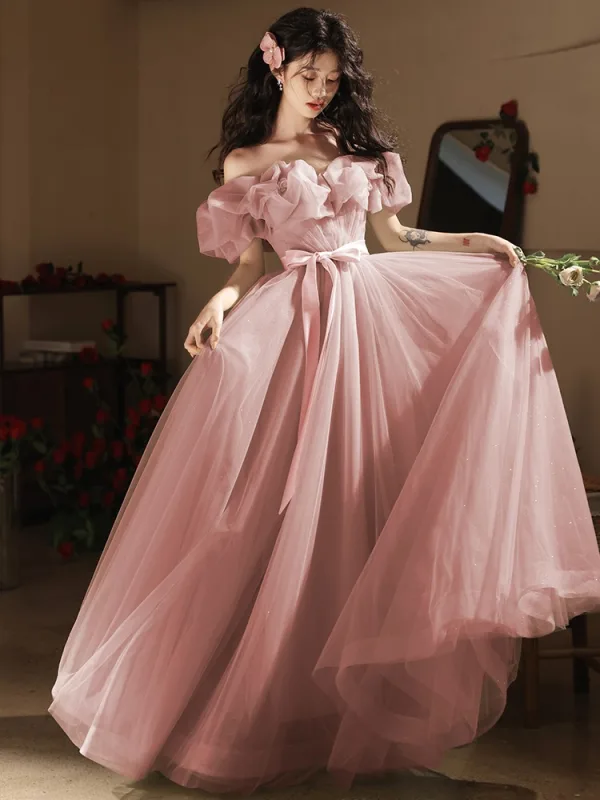 Schöne Rosa Schleife Stoffgürtel Ballkleider 2024 A Linie Rüschen Off Shoulder Kurze Ärmel Rückenfreies Lange Ball Festliche Kleider