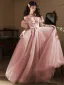 Schöne Rosa Schleife Stoffgürtel Ballkleider 2024 A Linie Rüschen Off Shoulder Kurze Ärmel Rückenfreies Lange Ball Festliche Kleider