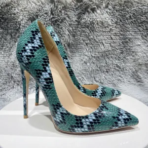 Unusual Mint Green Street Wear Snakeskin Print Pumps 2023 12 Cm Stiletto Heels Pointed Toe Pumps High Heels