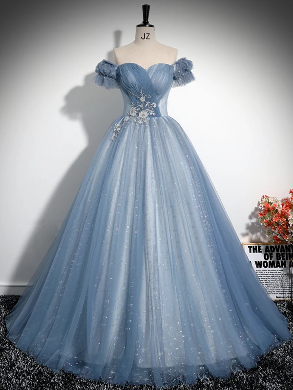 Elegant Sky Blue Beading Lace Flower Pearl Sequins Prom Dresses 2024 A-Line / Princess Off-The-Shoulder Short Sleeve Backless Floor-Length / Long Prom Formal Dresses