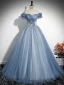 Elegant Sky Blue Beading Lace Flower Pearl Sequins Prom Dresses 2024 A-Line / Princess Off-The-Shoulder Short Sleeve Backless Floor-Length / Long Prom Formal Dresses