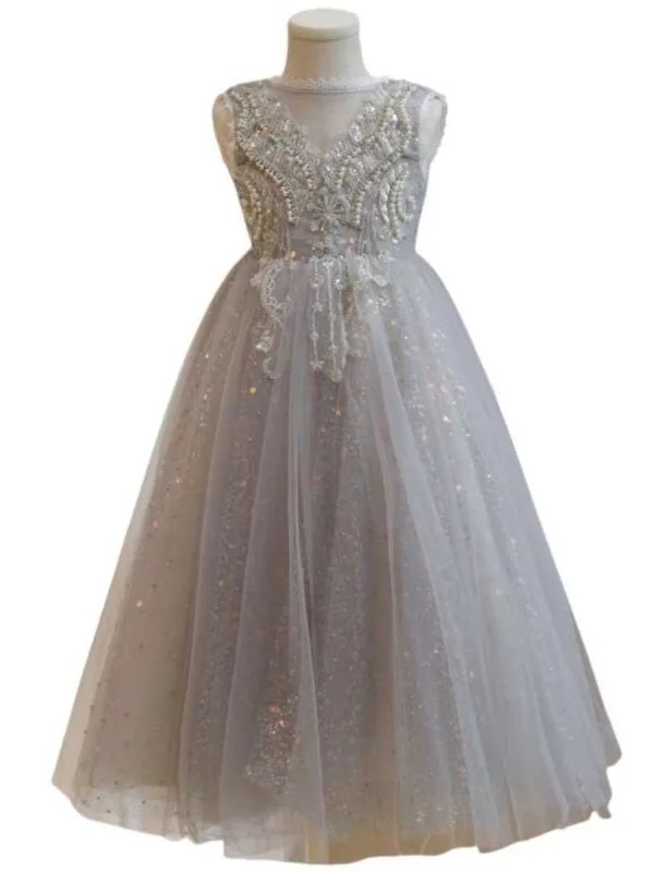 Bling Bling Grey Beading Pearl Sequins Birthday Flower Girl Dresses 2024 A-Line / Princess Scoop Neck Sleeveless Backless Bow Floor-Length / Long Tulle