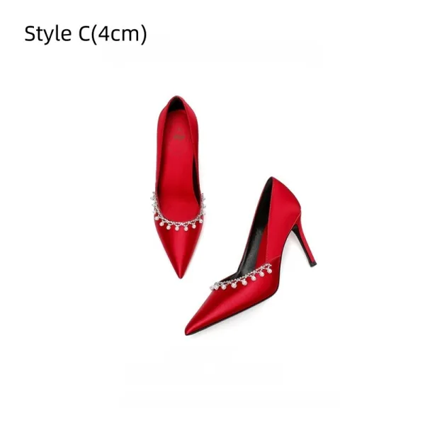 Elegant Red Pearl Rhinestone Wedding Shoes 2026 Leather 8 cm Stiletto Heels Pointed Toe Wedding Pumps