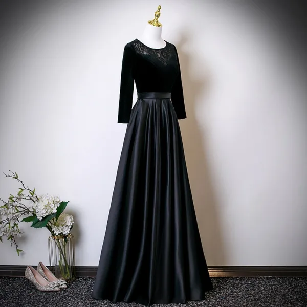 Vintage / Retro Black Lace Flower Satin Mother Of The Bride Dresses 2025 A-Line / Princess Scoop Neck Long Sleeve Backless Floor-Length / Long