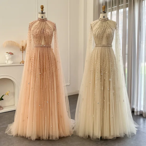 High-end Beige Handmade Beading Sequins Rhinestone Prom Dresses 2024 A-Line / Princess High Neck Sleeveless Floor-Length / Long Prom Formal Dresses