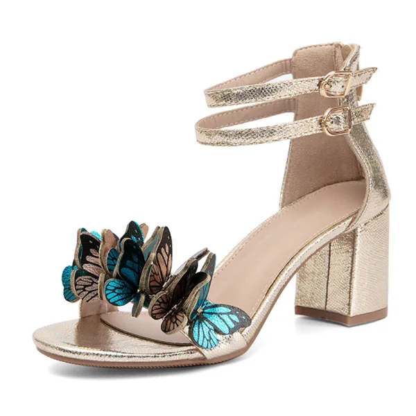 Chic / Belle Argenté Papillon Promo Sandales Femme 2023 Bride Cheville 7 cm Talons Épais Peep Toes / Bout Ouvert Sandales Talons Hauts