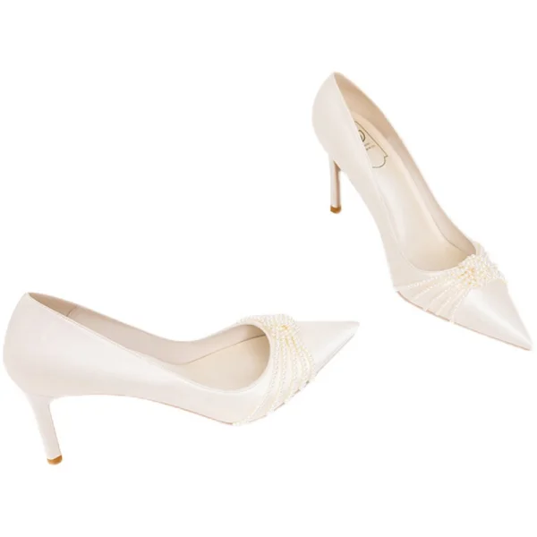 Eleganta Elfenben Pärla Satin Brudskor 2022 8 cm Stilettklackar Läder Spetsiga Bröllop Pumps Högklackade