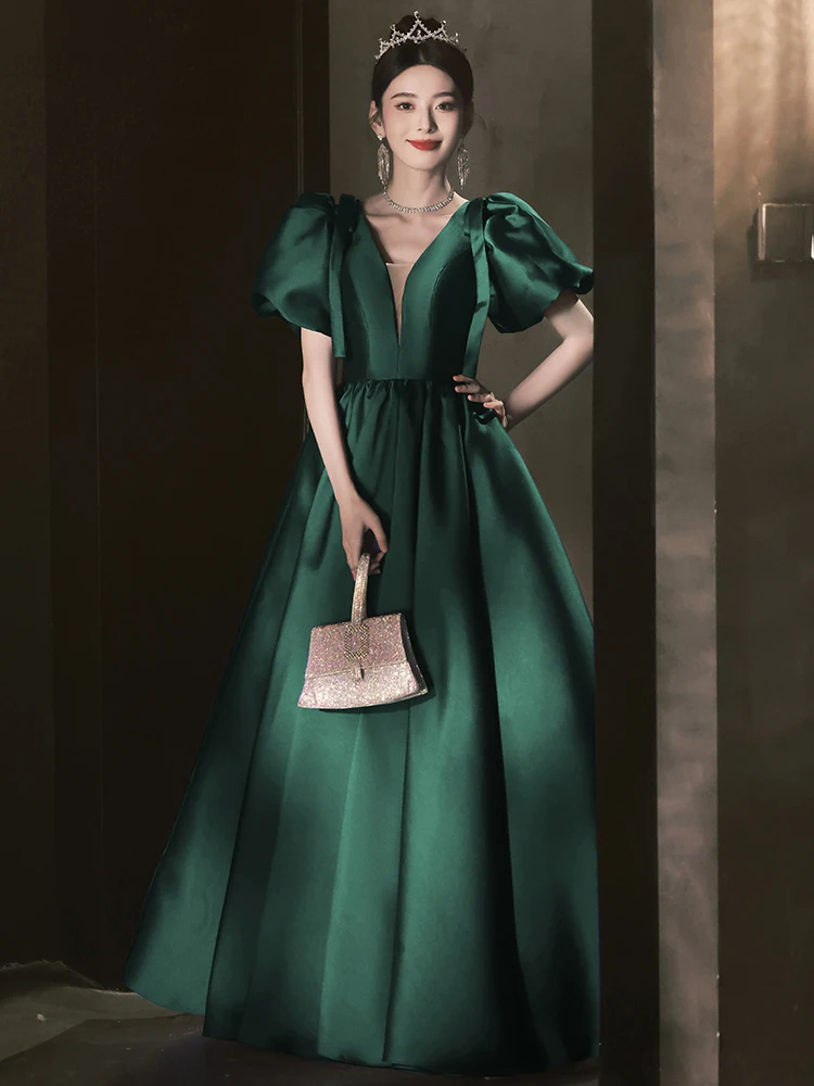 Elegant Dark Green Satin Prom Dresses 2024 A-Line Princess V-Neck Puffy Short Sleeve