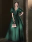 Elegant Dark Green Satin Prom Dresses 2024 A-Line / Princess V-Neck Puffy Short Sleeve Backless Floor-Length / Long Prom Formal Dresses