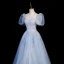 Elegant Sky Blue Sequins Prom Dresses 2023 A-Line / Princess Square Neckline Puffy Short Sleeve Backless Floor-Length / Long Prom Formal Dresses