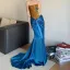 Chinese style Sexy Royal Blue Sequins Evening Dresses 2024 Trumpet / Mermaid Strapless Sleeveless Backless Sweep Train Evening Party Formal Dresses