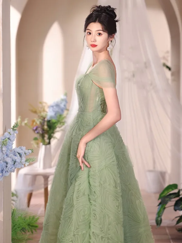 Chic / Beautiful Sage Green Prom Dresses 2024 A-Line / Princess Off-The-Shoulder Short Sleeve Backless Floor-Length / Long Prom Formal Dresses